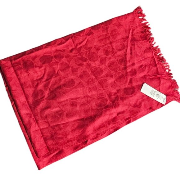 COACH Signature C Print Wool & Silk Scarf, Fringe Tassel, Red - Picture 1 of 4